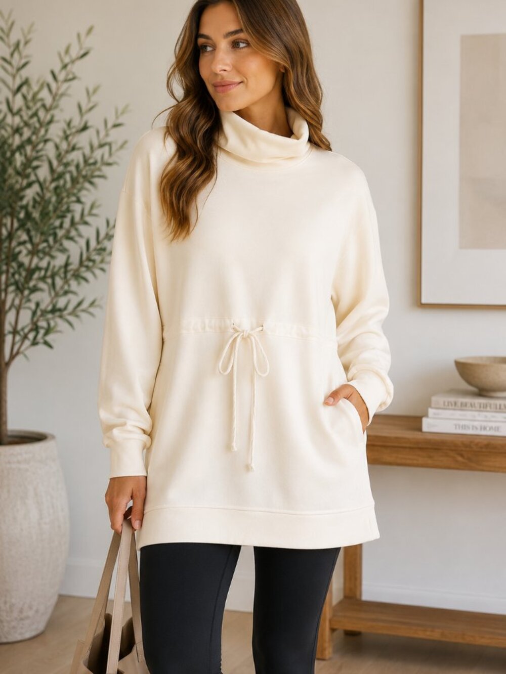 P. Cill Cream Tunic Sweatshirt Small | Mock Neck Tie Waist Pullover | Minimalist